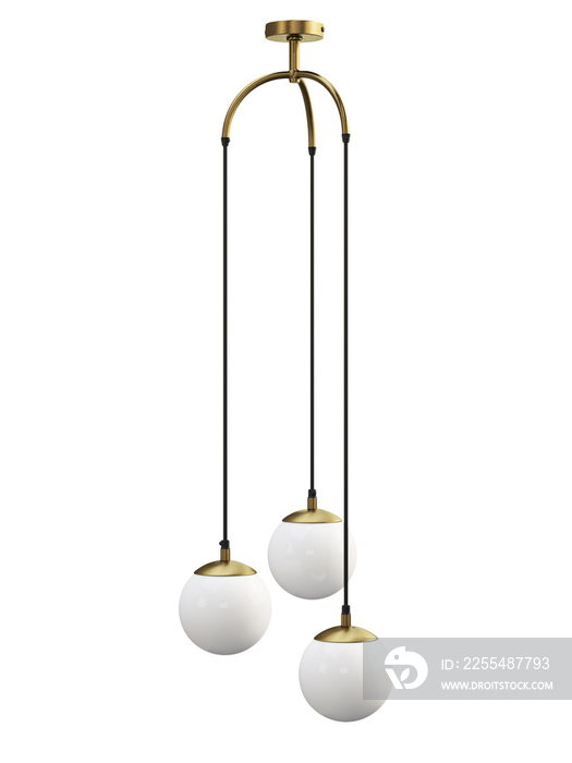 Modern brass metal chandelier with white glazed glass bulbs. 3d render