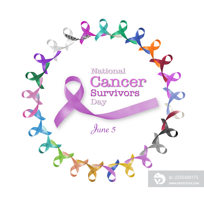 National cancer survivors day, June 5 with multi-color and lavender purple ribbons raising awareness of all kind tumors