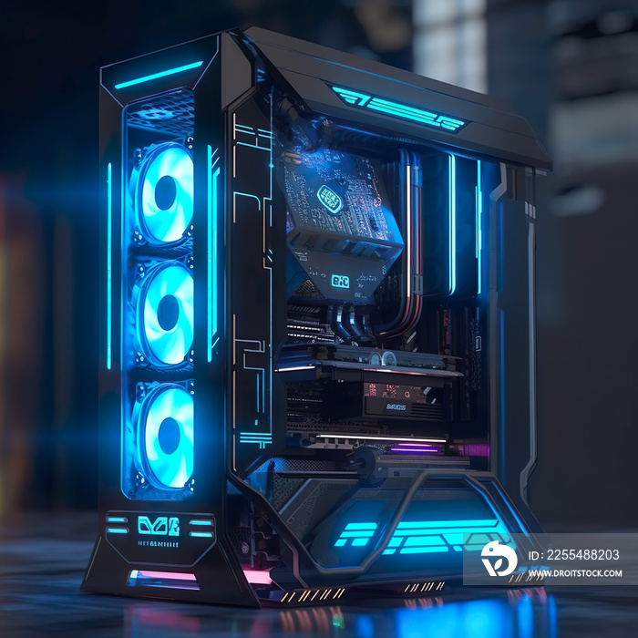 concept design of gaming workstation station custom pc computer build with glass windows and RGB led