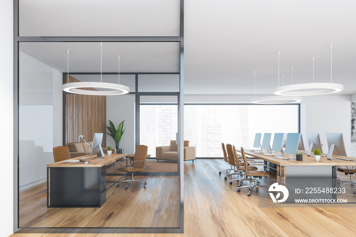 Wooden office room with armchairs and computer, consulting room