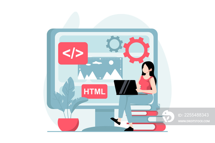 Web development concept with people scene in flat design. Woman developing program code, creating layout, using scripts on site and optimizes. Illustration with character situation for web