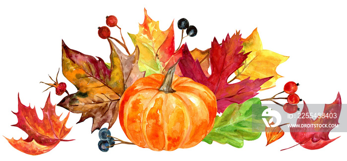 Fall illustration, colorful watercolor leaves border , golden, brown, orange leaves and berries, pumpkins, border for Thanksgiving  cards, posters. PNG on transparent background.