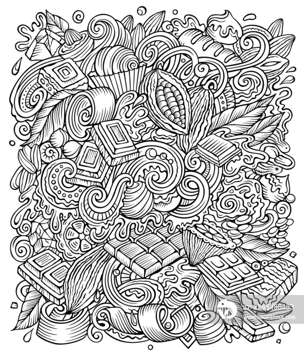 Chocolate hand drawn raster doodles illustration. Choco poster design