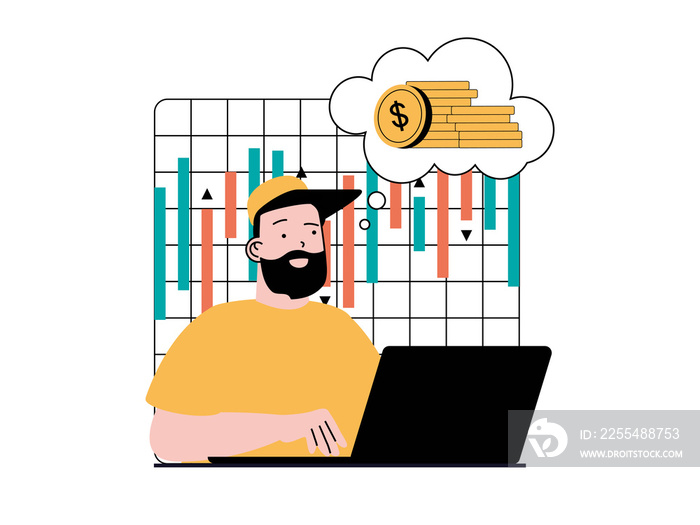 Stock trading concept with character situation. Man earns money trading stocks on exchange, analyzes indices and trends, works on laptop. Illustrations with people scene in flat design for web