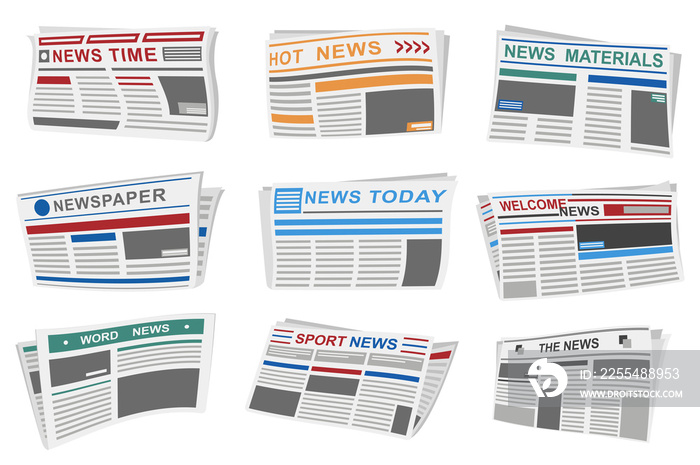 Newspapers set graphic elements in flat design. Bundle of periodical publications with different article headers, news times, world tabloids, paper mass media. Illustration isolated objects