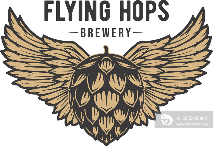 Beer fly hop with wings for bar. Original brew design with craft beer fly hop with wings for pab or brewery