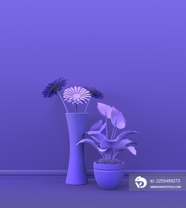 multiple plants front of a solid color wall in violet room for copy space and picture frame backgrounds. 3D rendering