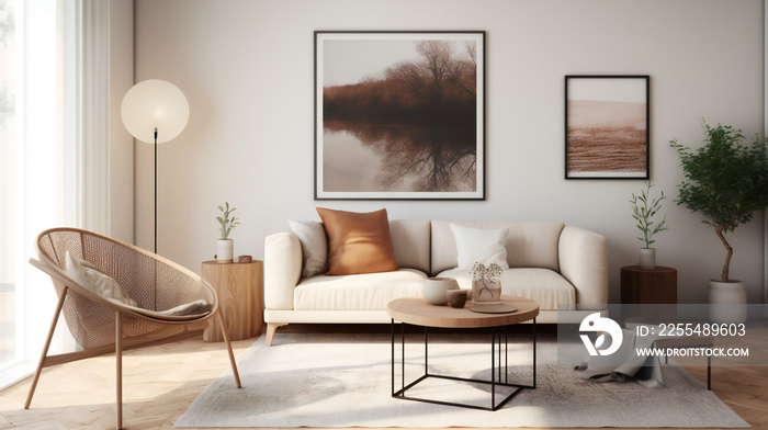 Chic Living Room Interior with Mockup Frame Poster, Modern interior design, 3D render, 3D illustration