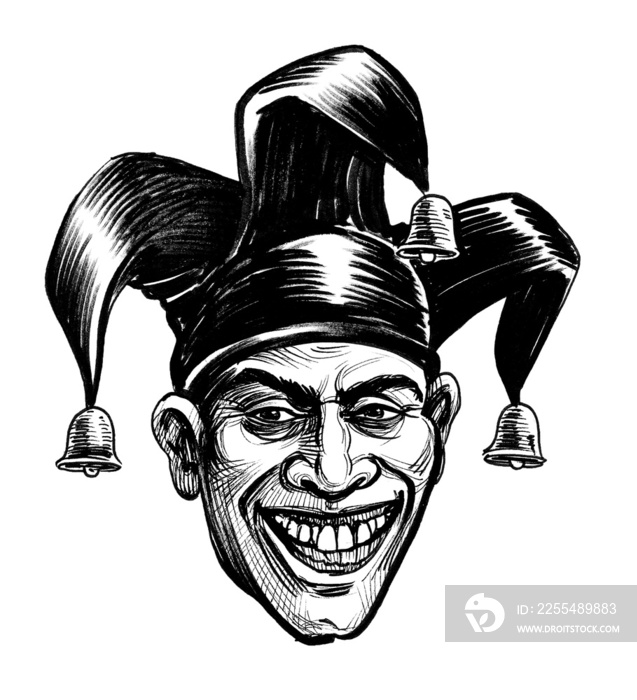 Laughing jester head. Ink black and white drawing