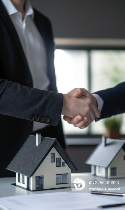 Real estate agent shaking hands with customer after signing contract for buying a house. High quality photo