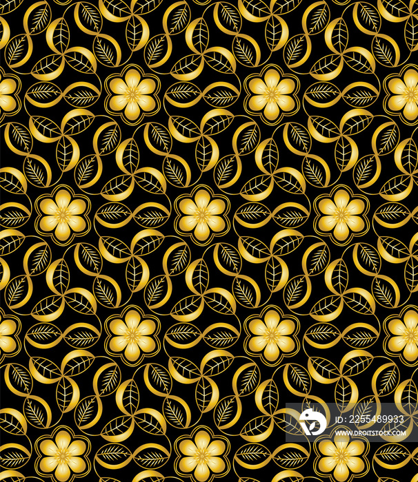 beautiful rich and elegant golden flowers and interconnected leaves over black in a seamless pattern tile. for backgrounds, cards, posters, banners, textile, fabric and festive surface designs.