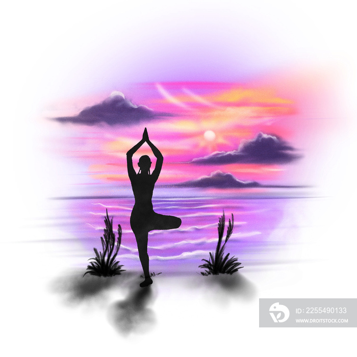 silhouette of a yoga pose on sunset beach, airbrush style