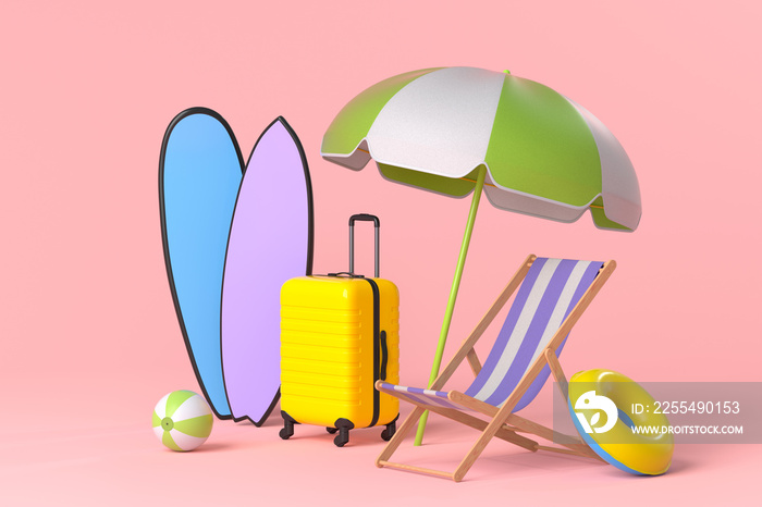 Suitcase with beach chair and surf board on pink background.