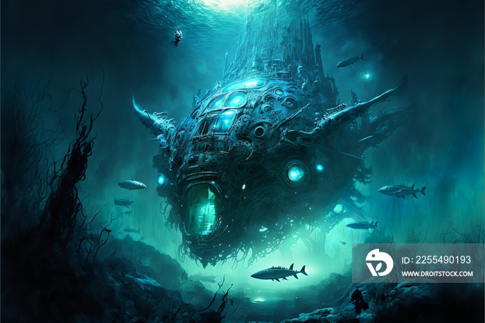 Aquatic deep sea sci-fi robotic biomechanical submarine creatures in underwater fantasy landscape