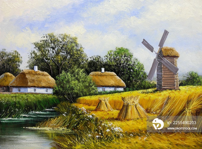 Oil paintings landscape, fine art, windmill in Ukraine.