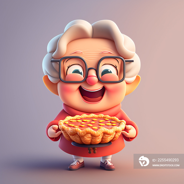 old lady grandmother sweet cheerful with a smile treats an appetizing pie cartoon