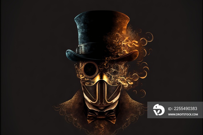 Man with top hat and mask in steampunk style, black background. AI digital illustration