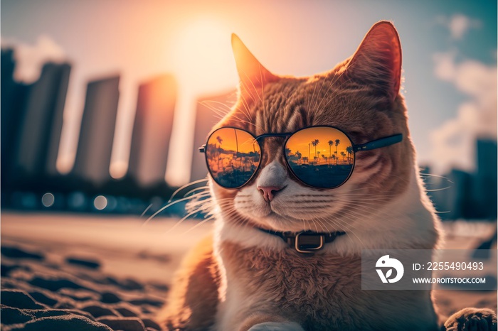 A cat wearing sunglasses and relaxing on the beach