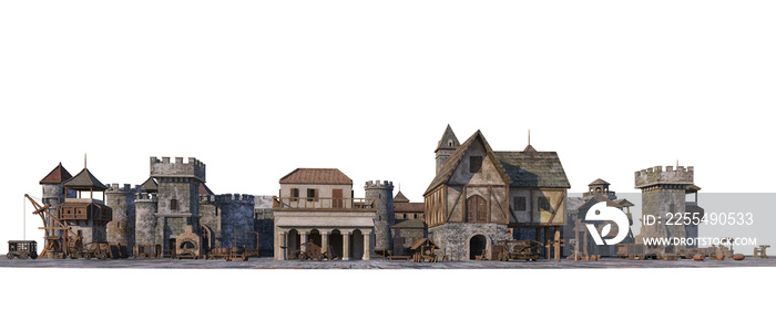 3d render Medieval city with a variety of views