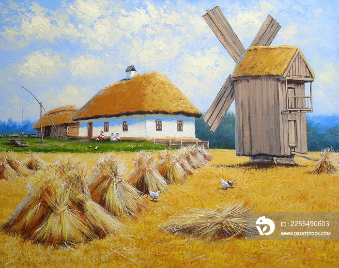 Oil paintings rural landscape. Old village, field, windmill. Fine art.