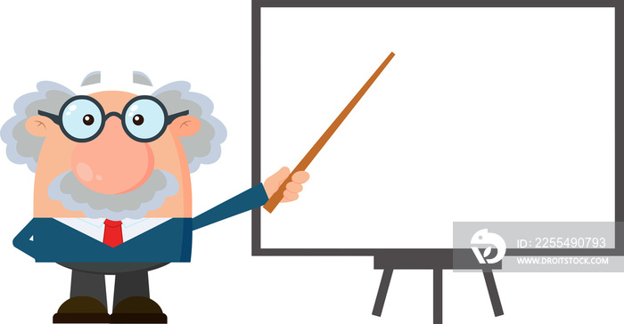 Professor Or Scientist Cartoon Character With Pointer Presenting On A White Board. Hand Drawn Illustration Isolated On Transparent Background