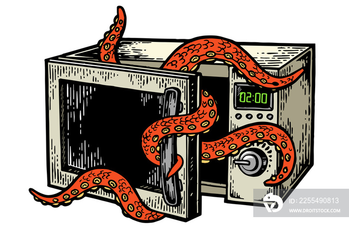 Octopus in microwave oven color sketch engraving PNG illustration with transparent background