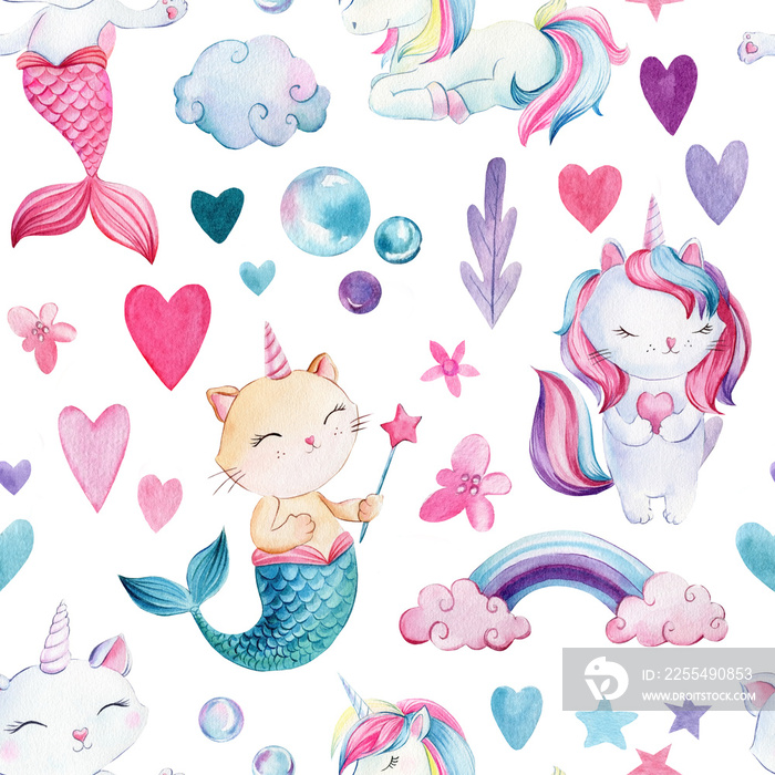 Seamless pattern, baby background with pony, mermaids and cat, bubbles, watercolor drawing