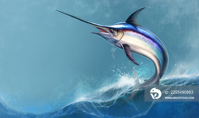 Swordfish against ocean waves background. Marlin jumps out of the water. Fishing on the high seas is a big marlin sword.