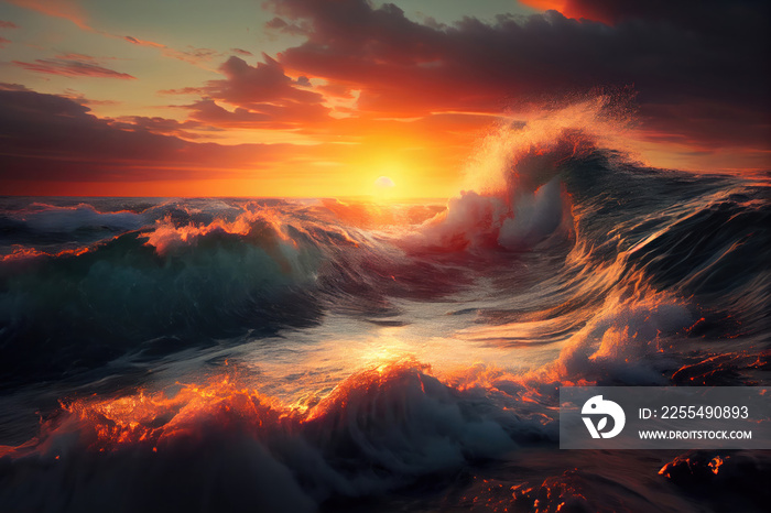 Ocean waves crashing on shore during sunset background