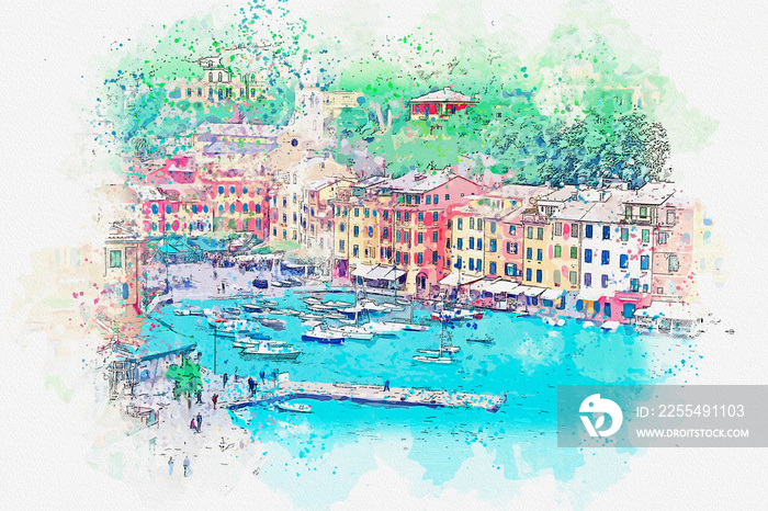 Watercolor drawing picture of Landscape Portofino famous small town at Italy.