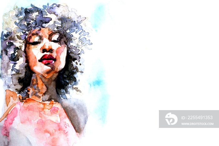 Beautiful African woman portrait in watercolor with splatter