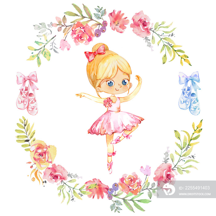 Cute Watercolor Ballerina. Girl Surrounded by floral Vignette and Ballet Shoes. Ballerina Wearing Pink Dress. Elegant Little Child Posing Training Ballet Collection Poster Design for Print. Watercolor