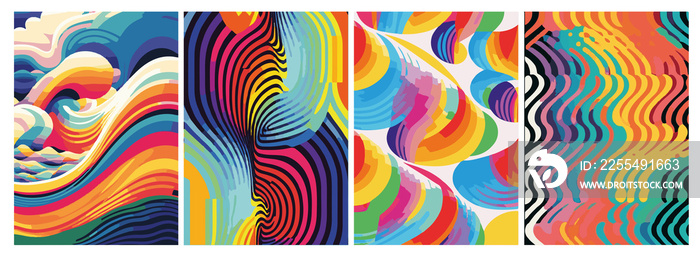 A set of backgrounds for text, landscape psychedelic hippie art, a frame of stylized waves.