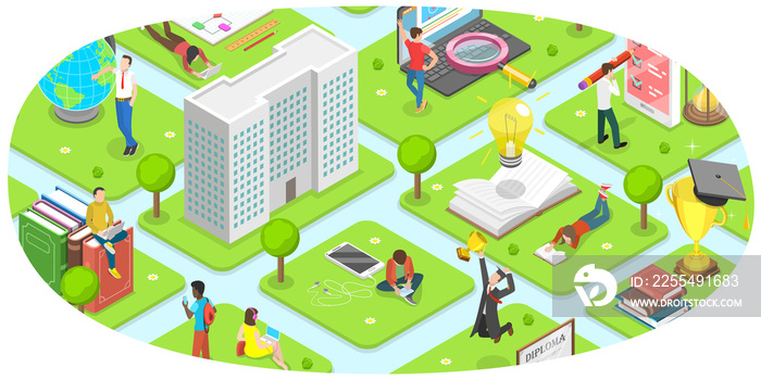 Flat Isometric  Concept of Campus Illustration.