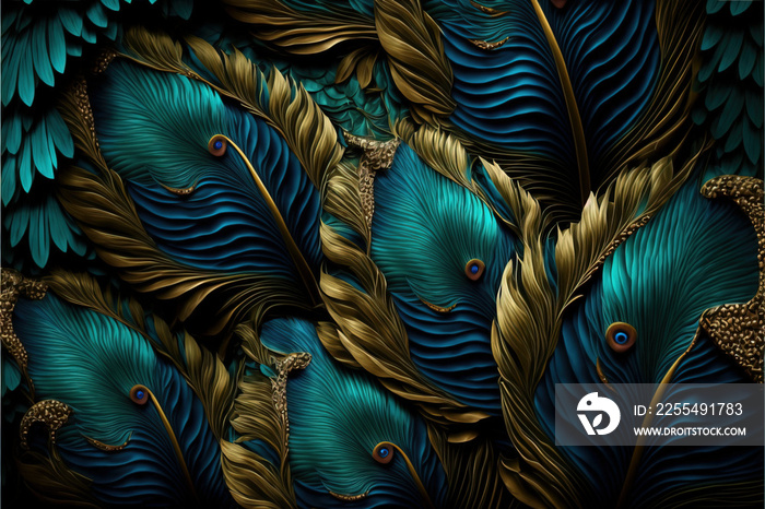 Stylish dark feather texture background. Colorful peacock feathers,Shallow Dof. Peacock feather , close up of black and gold feathers background. Top view