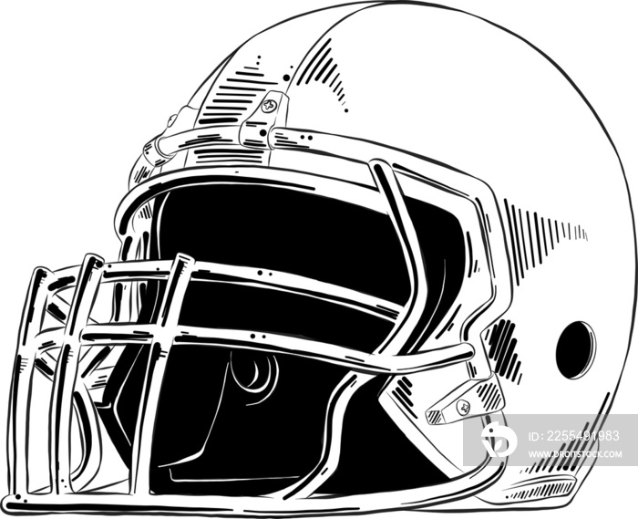 PNG engraved style illustration for posters, decoration and print. Hand drawn sketch of american football helmet in black isolated on white background. Detailed vintage etching style drawing.