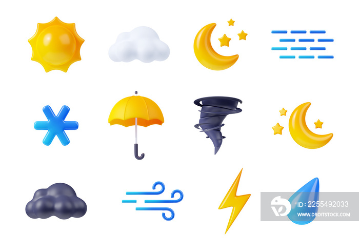 3d render weather icons set, sun shining, black or white clouds, lightning and snowflake. Raindrop, wind, fog, umbrella, tornado and crescent with stars forecast app elements, Cartoon illustration