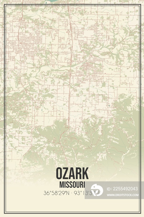 Retro US city map of Ozark, Missouri. Vintage street map.