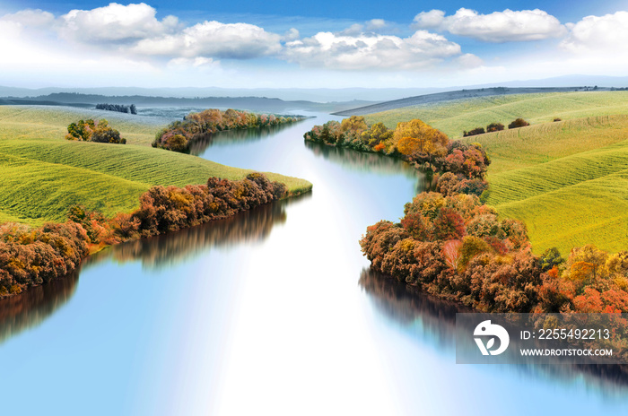 Zigzag river flows between autumn valleys bright illustration