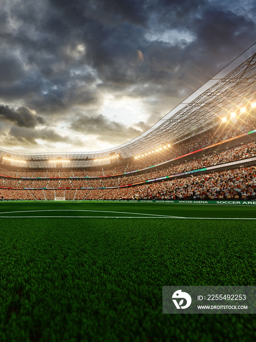 Empty soccer stadium in the evening light