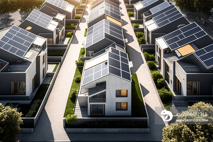 Houses with solar panels on the roof, concept of sustainable development, ecology and future technology, green smart city.