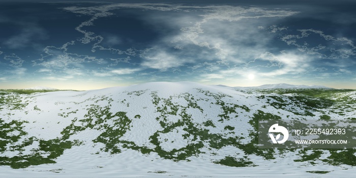 Winter landscape, HDRI, environment map , Round panorama, spherical panorama, equidistant projection, 360 high resolution panorama, 3d rendering