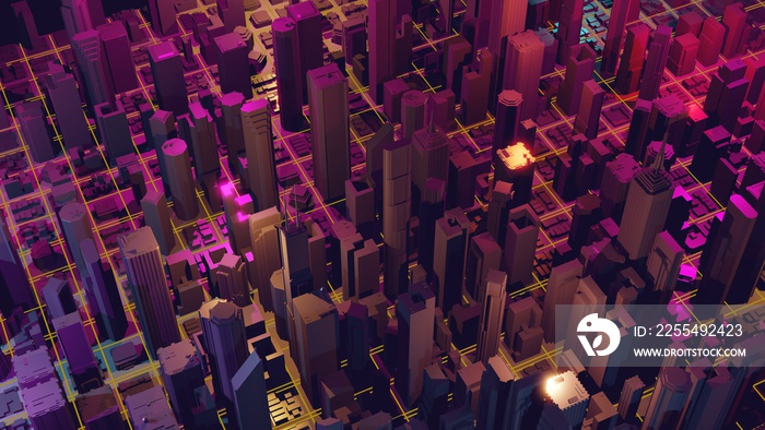 Cityscape on a dark background with bright and glowing neon purple and blue lights. 3d rendering.