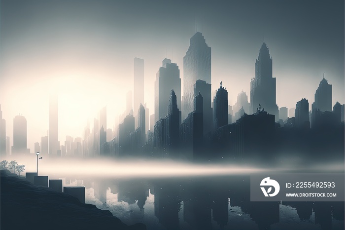 a city skyline with a foggy sky and water in the foreground and a few buildings in the background with a light reflection on the water surface of the water and fog, and.