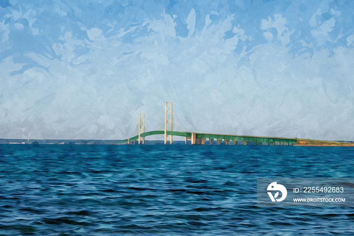 Digitally created watercolor painting of the Mackinaw Bridge on a sunny day