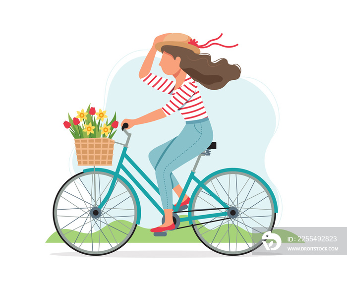 Woman riding a bike in spring with flowers in the basket. Cute illustration in flat style