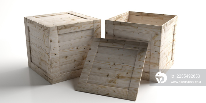 Crates, closed and open wooden boxes isolated against white background. 3d illustration