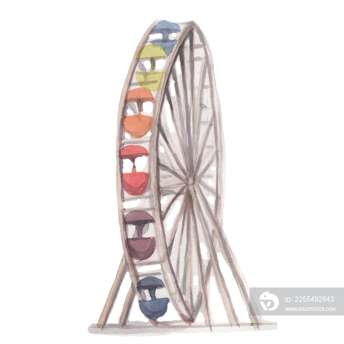 Carousels rides swings children’s cars ferris wheel horses watercolor illustration hand drawn set big on white background