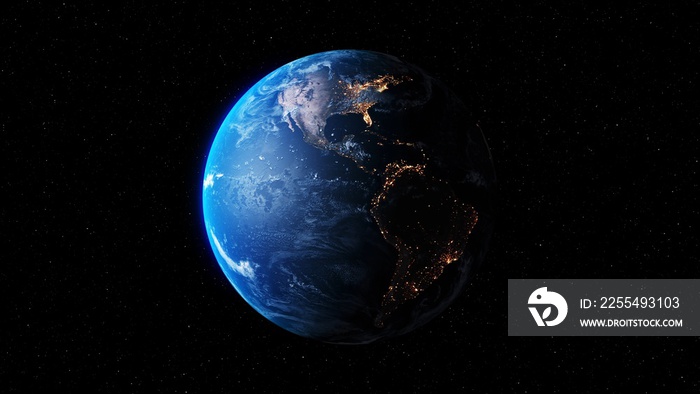 Planet earth with realistic geography surface and orbital 3D cloud atmosphere . Outer space view of world globe sphere of continents . 3D rendering graphic . Elements of this image furnished by NASA .