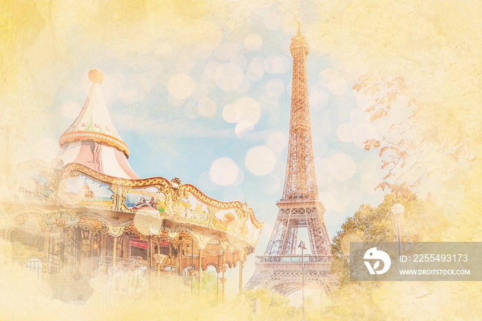 Carousel and Eiffel tower in Paris - Watercolor effect illustration